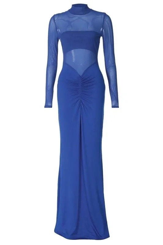 Turtleneck Neck Mesh Long Sleeve Bodycon Maxi Dress