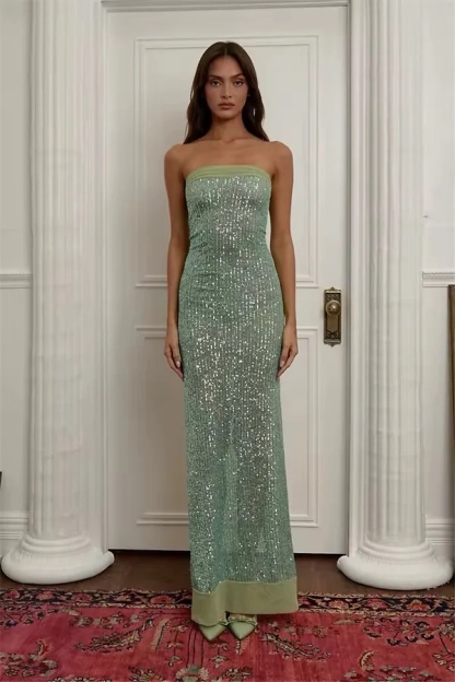 Strapless Sequin Glitter Bodycon Party Maxi Dress