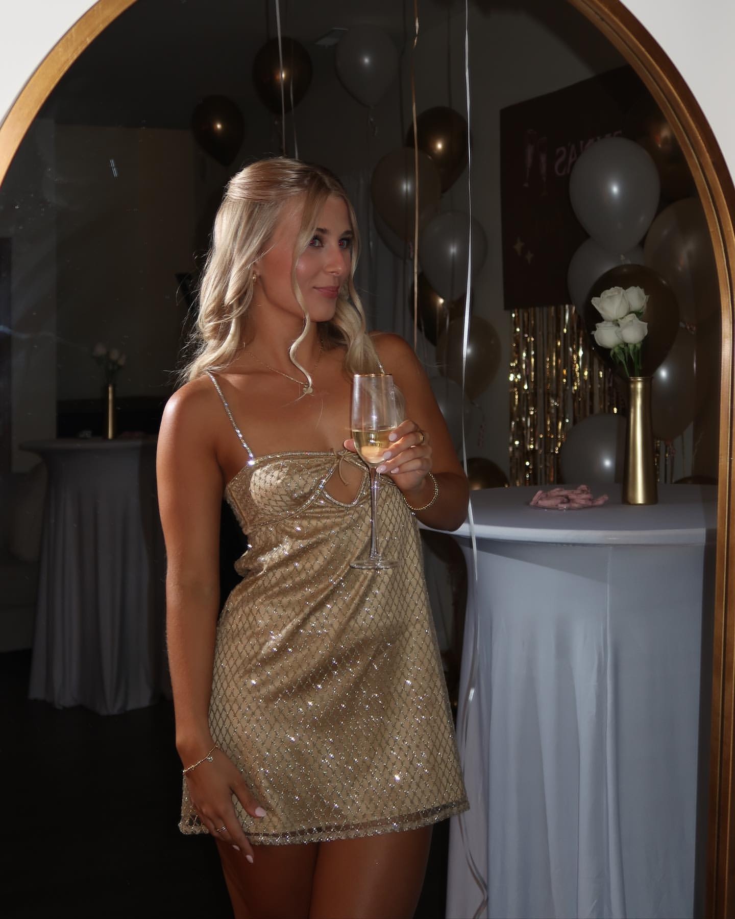 Glitter Gold Spaghetti Strap Party Mini Dress