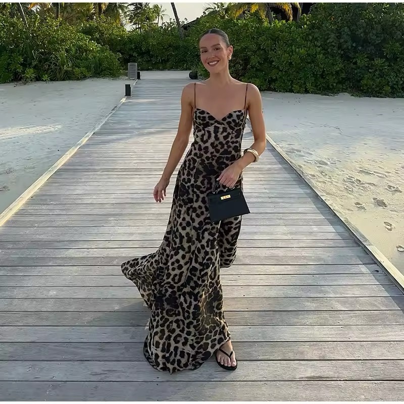 Leopard Print Sleeveless Summer Holiday Vacation Maxi Dress