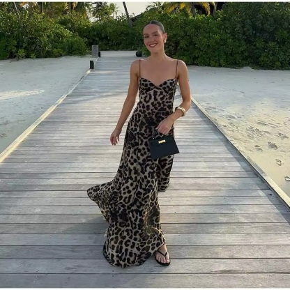 Leopard Print Sleeveless Summer Holiday Vacation Maxi Dress