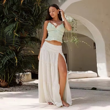 White Side Spilt Long Summer Vacation Maxi Skirt