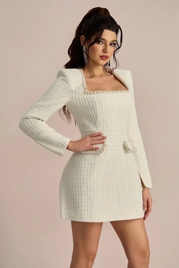 Long Sleeve Square Neck Diamond Rhinestone Mini Dress