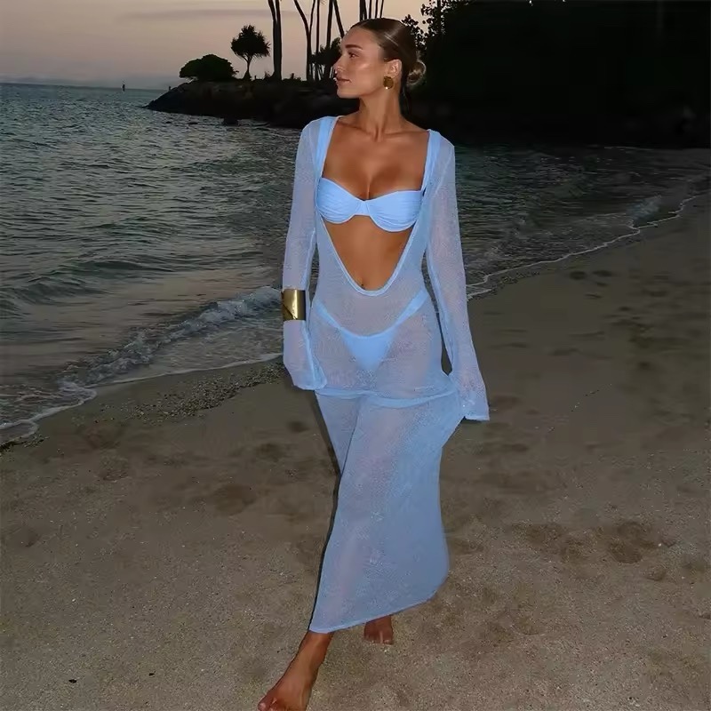 Blue Long Sleeve Bikini 3 Piece Set