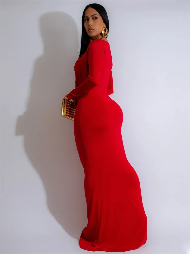 uched Deep V-neck Long Sleeve Bodycon Maxi Dress