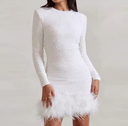 Feather Hem Long Sleeve Mini Party Sequin Dress