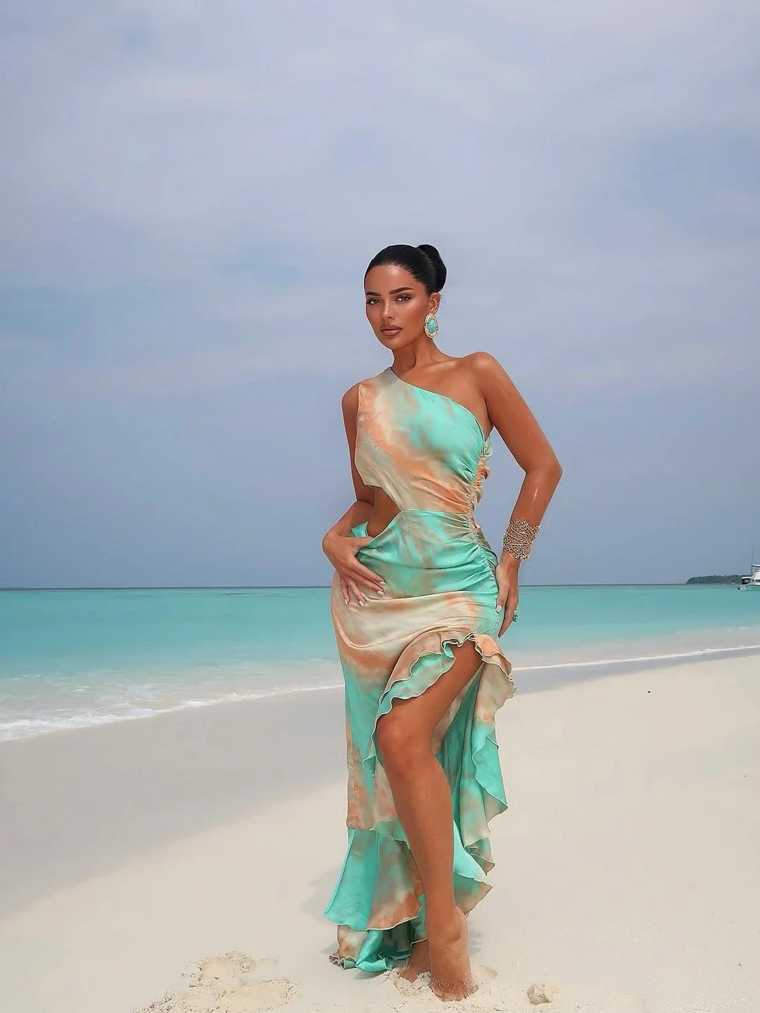 Blue One Shoulder Split Summer Maxi Dress