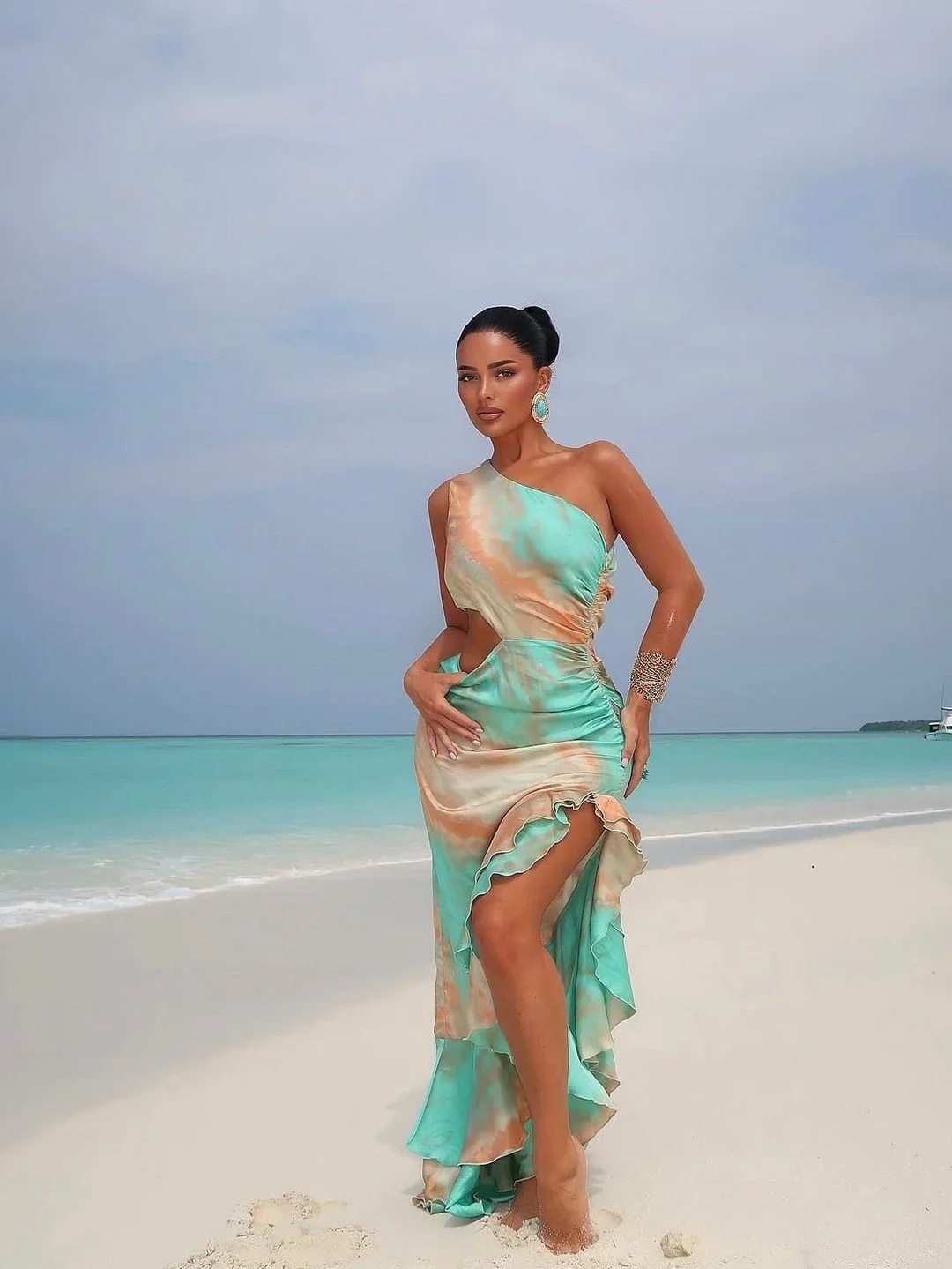 Blue One Shoulder Split Summer Maxi Dress
