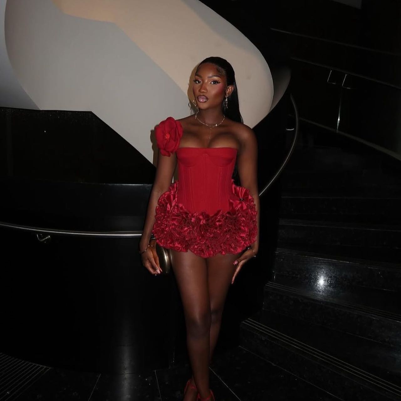 Red Flower Detail Strapless Corset Style Mini Dress