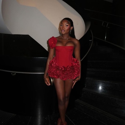 Red Flower Detail Strapless Corset Style Mini Dress