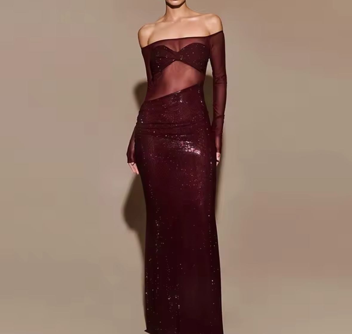 Mesh Glitter Long Sleeve Bodycon Maxi Dress