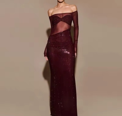 Mesh Glitter Long Sleeve Bodycon Maxi Dress
