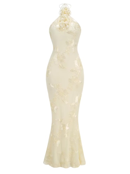 Halter 3D Flower Bodycon Long Maxi Dress