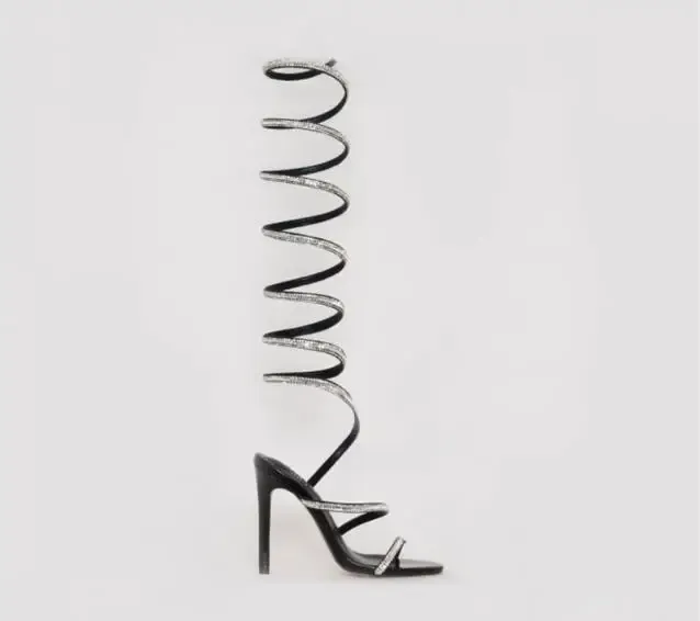 Rhinestone Strap Gladiator Over The Knee Sandal High Heels
