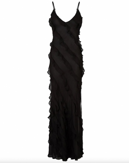 Elegant Red Chiffon Slip Spaghetti Strap Backless Ruffles Maxi Dress