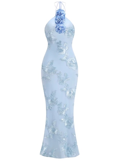 Halter 3D Flower Bodycon Long Maxi Dress
