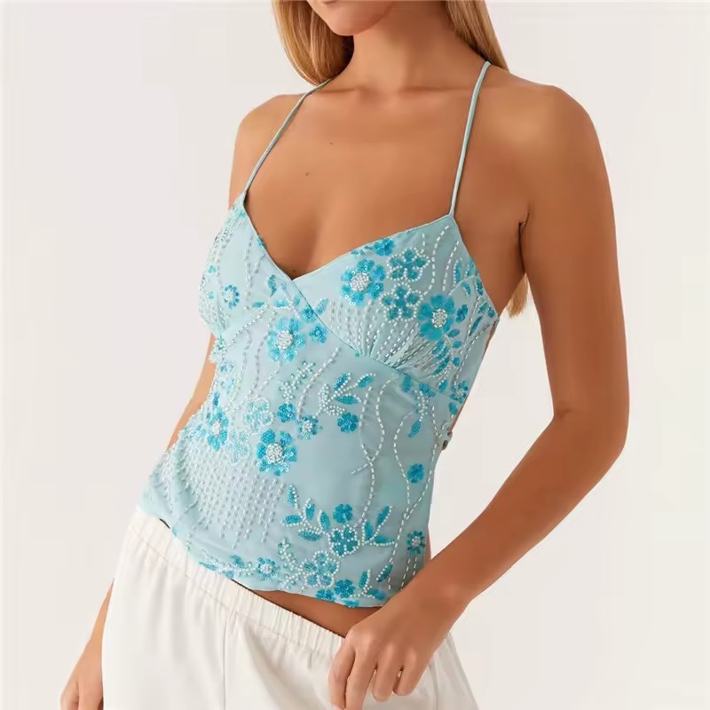 Spaghetti Strap V Neck Beaded Sequin Top