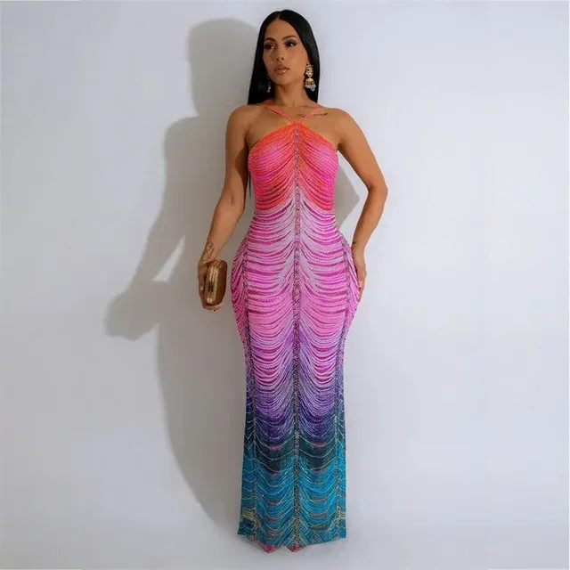 Rainbow Print Glitter Bodycon Maxi Dress