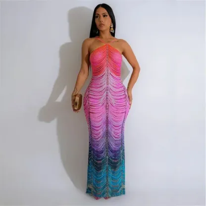 Rainbow Print Glitter Bodycon Maxi Dress 