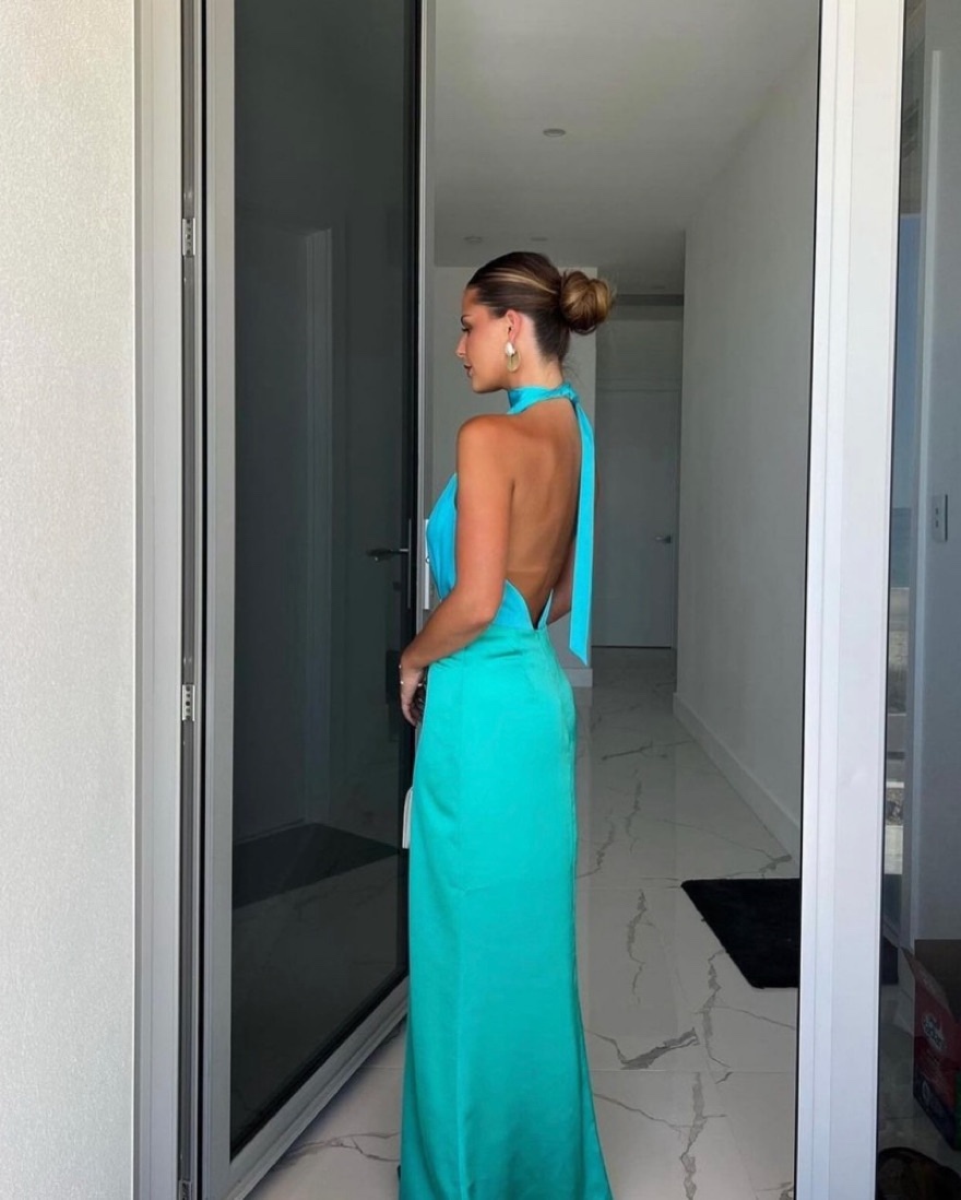 Blue Green Backless Sleeveless Summer Halter Maxi Dress