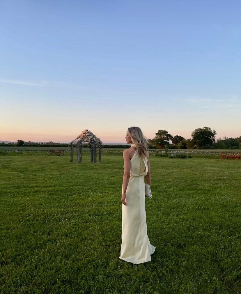 Yellow Halter Neck Maxi Spring Summer Draping Dress