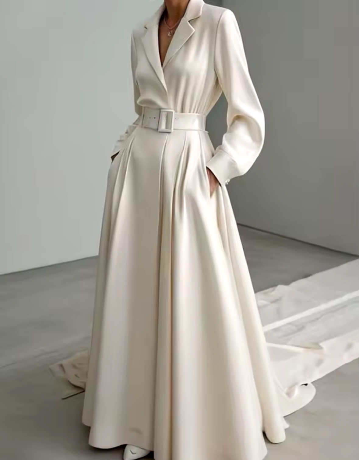 Elegant Belted Long Sleeve A-Line Maxi Dress