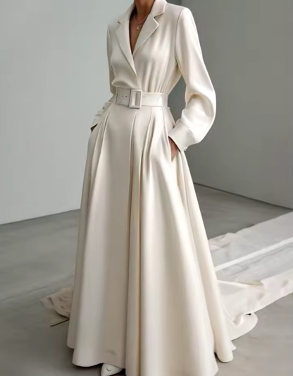 Elegant Belted Long Sleeve A-Line Maxi Dress