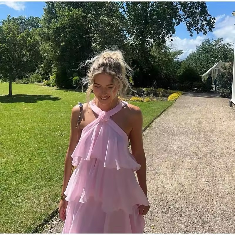Pink Flower Detail Layered Ruffle Backless Maxi Dress Elegant