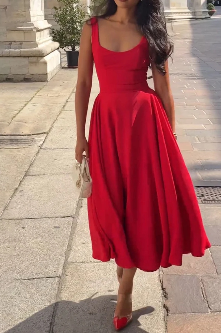 Red Square Neck Sleeveless Vacation Summer A Line Midi Dress