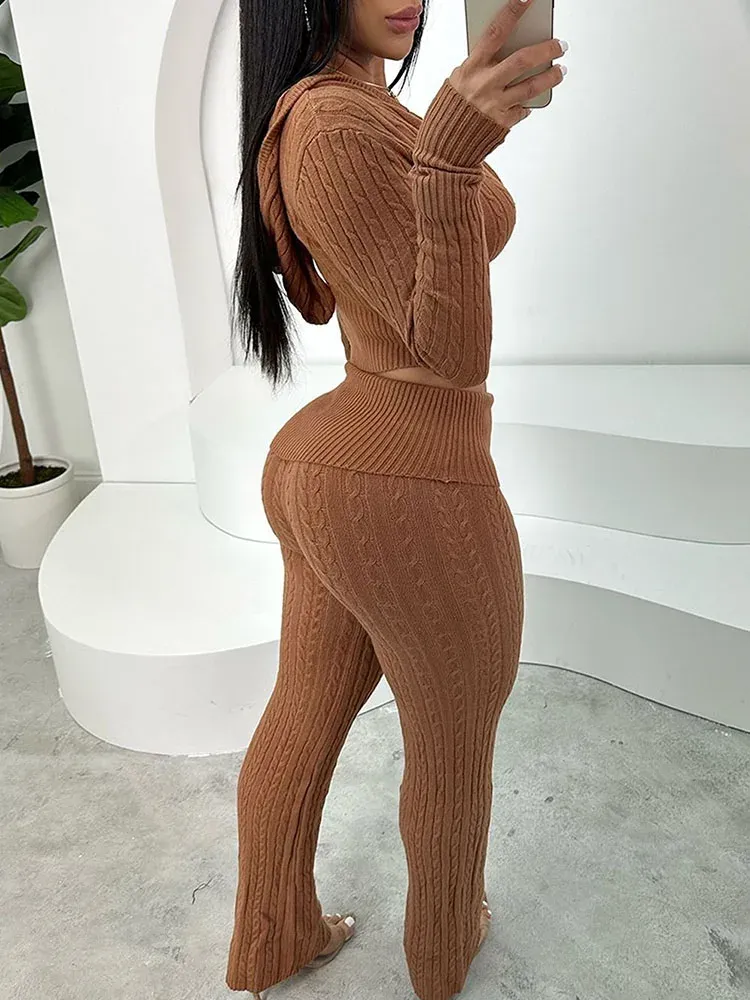 Knitted Ribbed Zipper Hooded Short Jacket Top and Wide Leg Pants Set