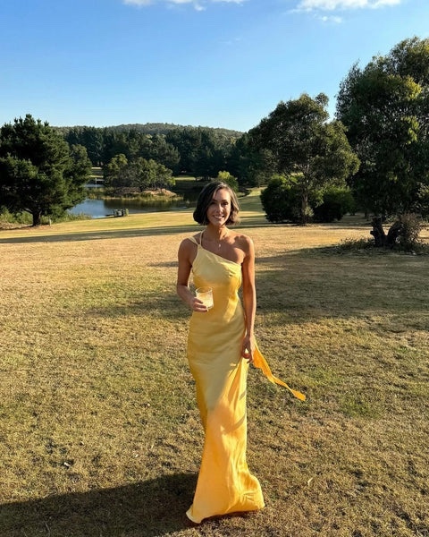 Yellow Open Back One Shoulder Backless Maxi Dress