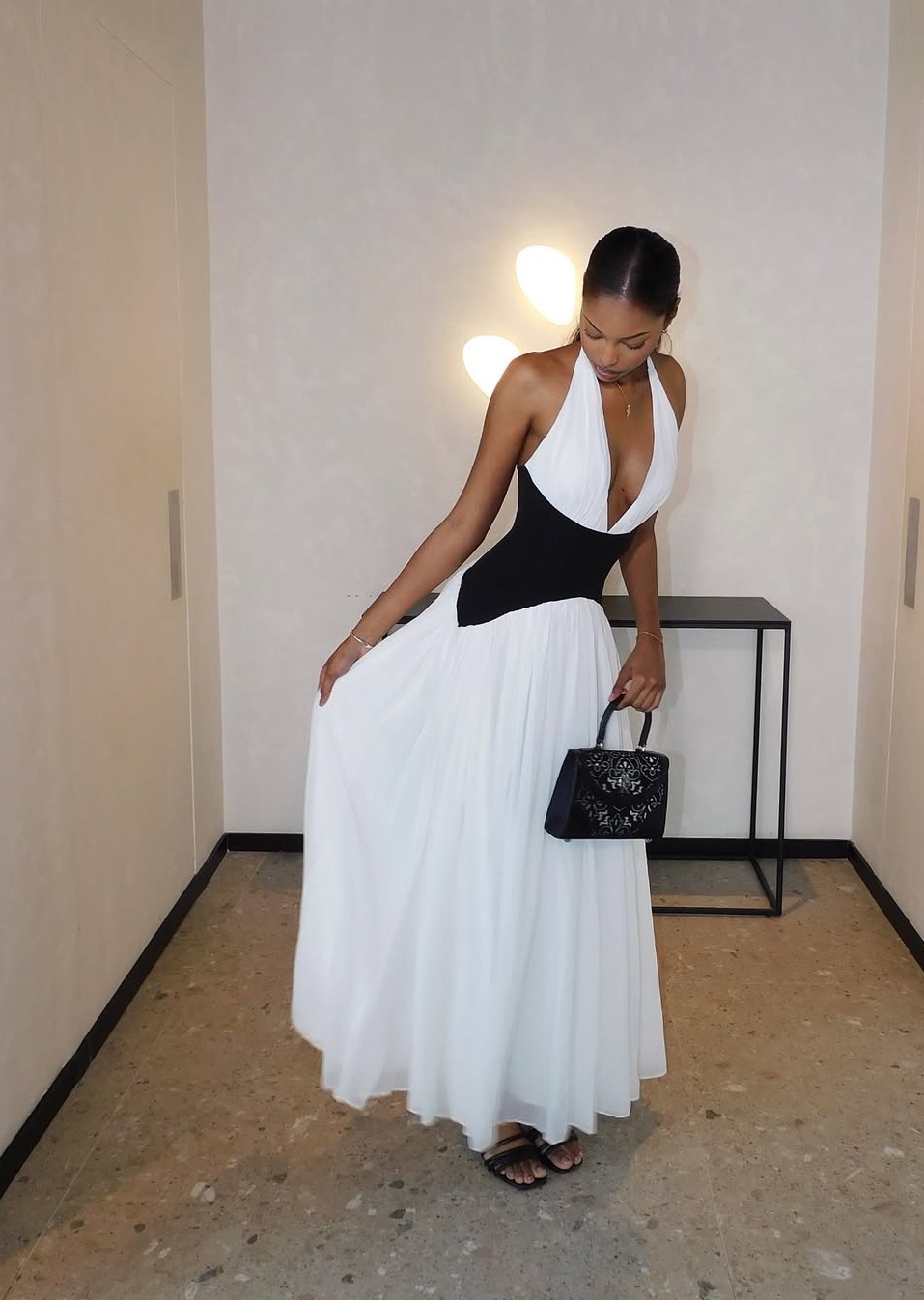 Two Tone Contrast V Neck Halter A Line Maxi Dress