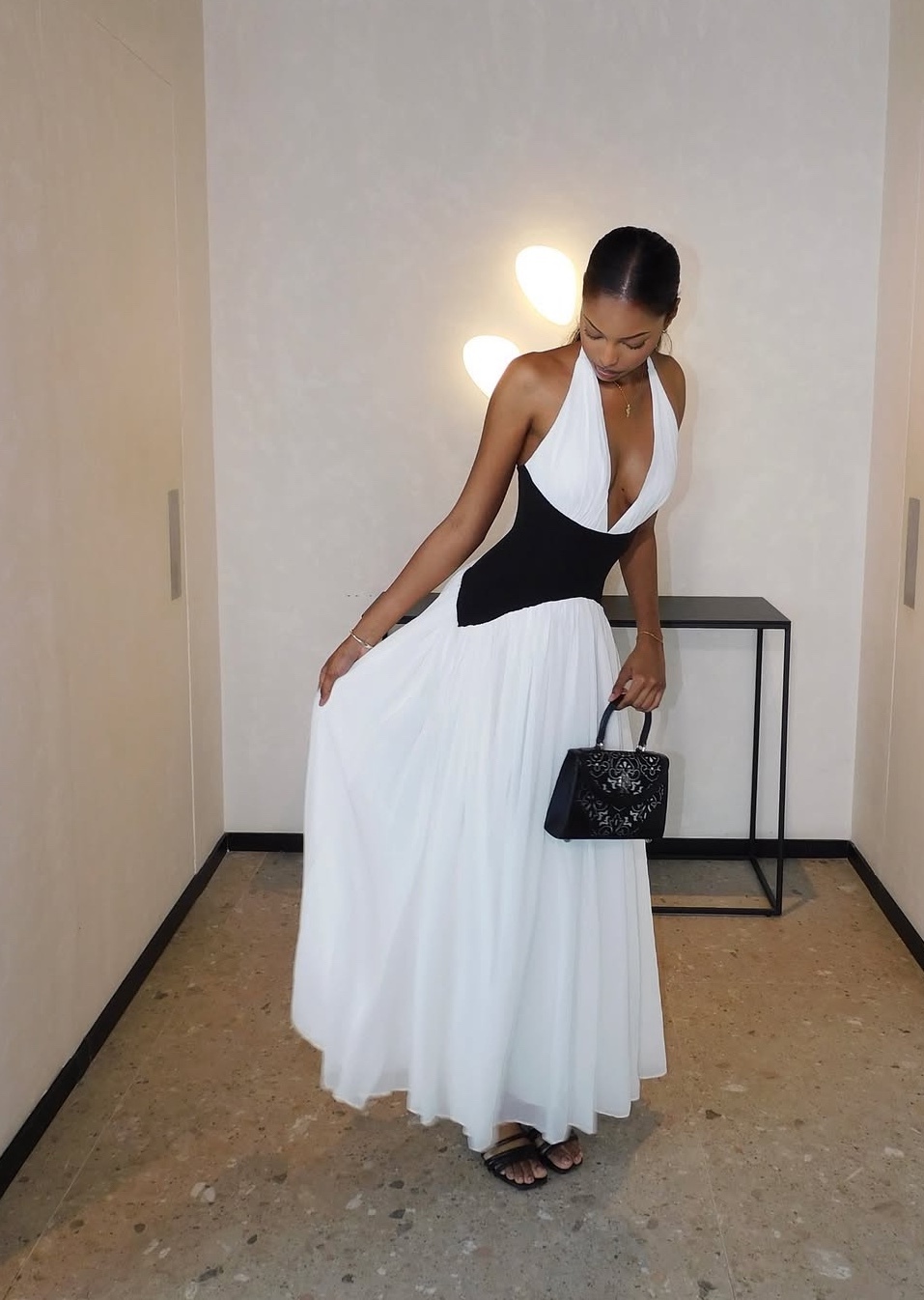 Two Tone Contrast V Neck Halter A Line Maxi Dress