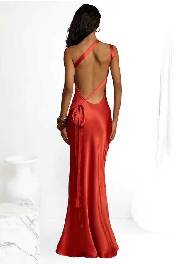 Red One Shoulder Backless Elegant Maxi Dress