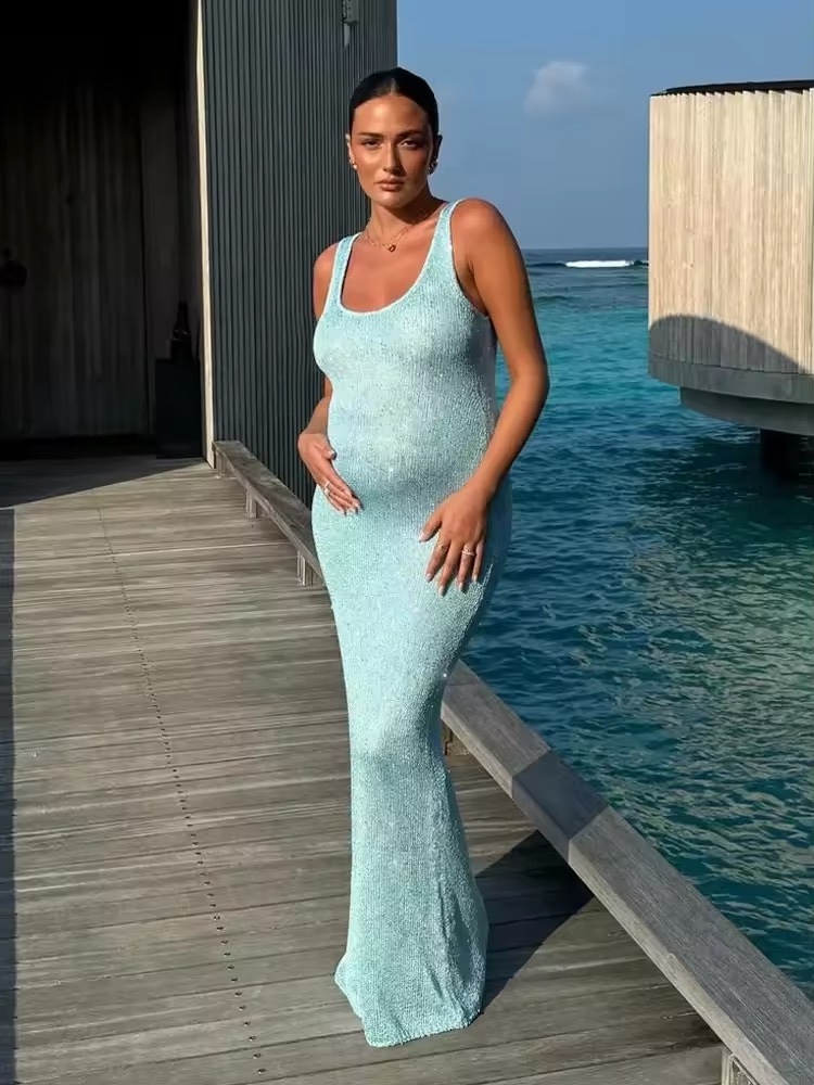 Glitter Bodycon Sleeveless Summer Vacation Holiday Maxi Dress