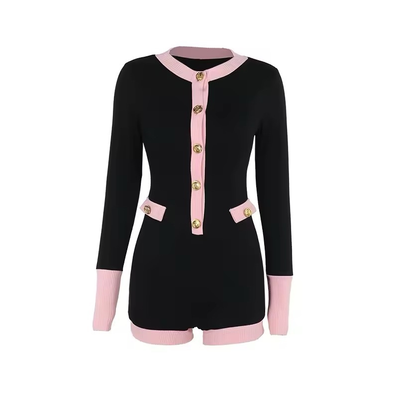 Contrast Color Scoop Neck Long Sleeve Playsuit