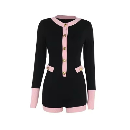 Contrast Color Scoop Neck Long Sleeve Playsuit