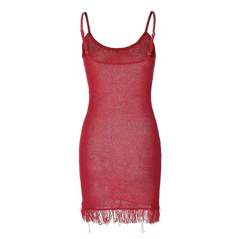 Red Glitter Crochet Tassel Holiday Mini Dress