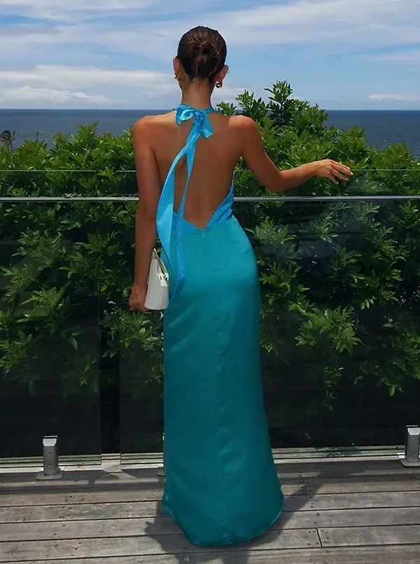 Blue Green Backless Sleeveless Summer Halter Maxi Dress