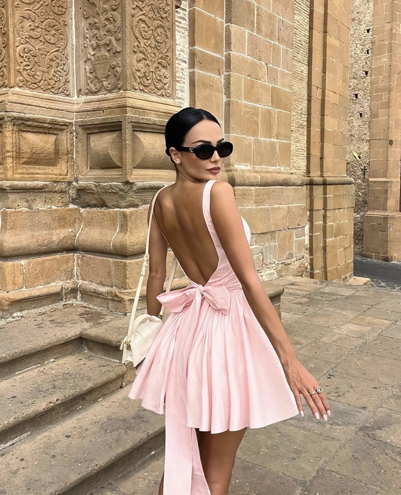 Pink A Line Vacation Bow Backless Short Mini Dress