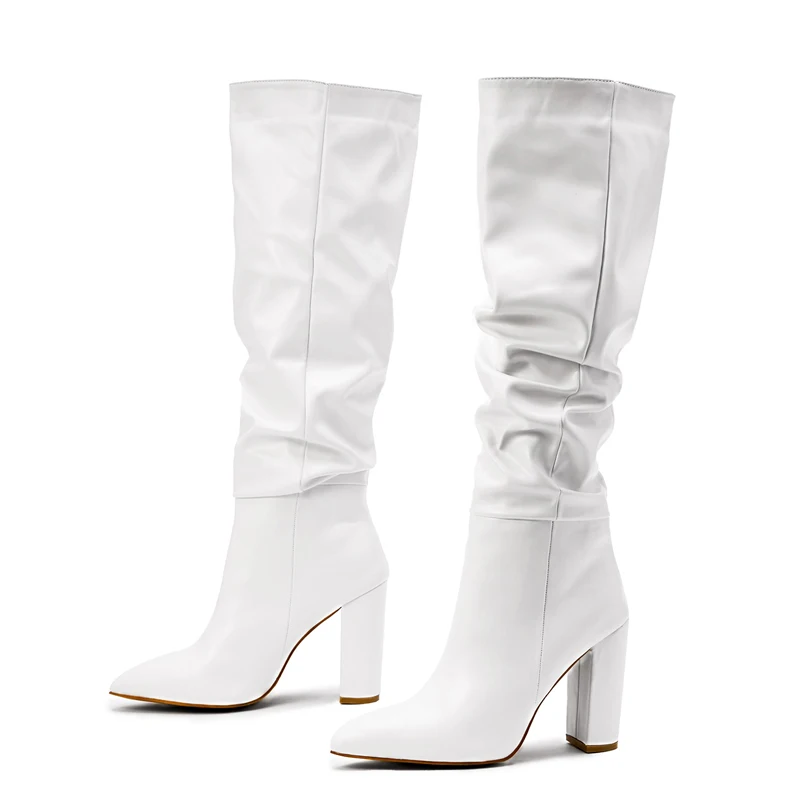  Leather Knee High Slip On Pointed Toe Boots