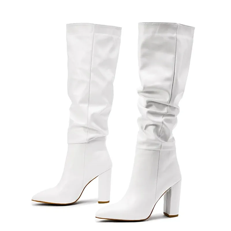 Leather Knee High Slip On Pointed Toe Boots