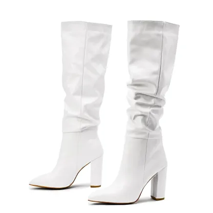  Leather Knee High Slip On Pointed Toe Boots