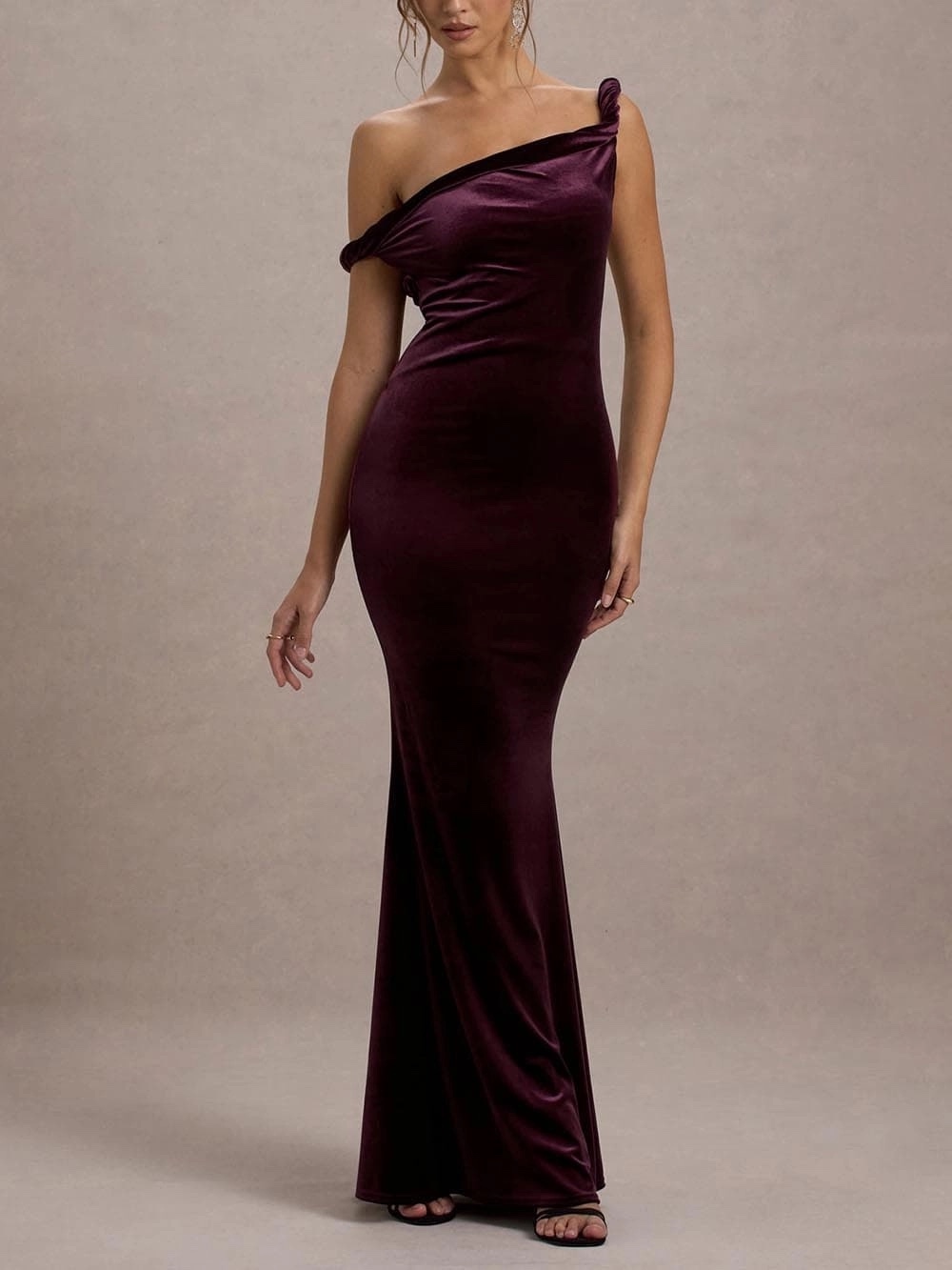One Shoulder Velvet Bodycon Maxi Dress