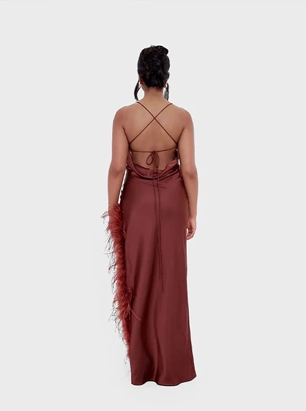 Elegant Satin Feather Hem Backless Maxi Dress