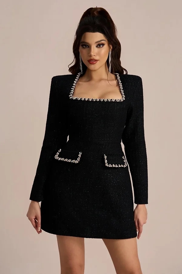 Long Sleeve Square Neck Diamond Rhinestone Mini Dress