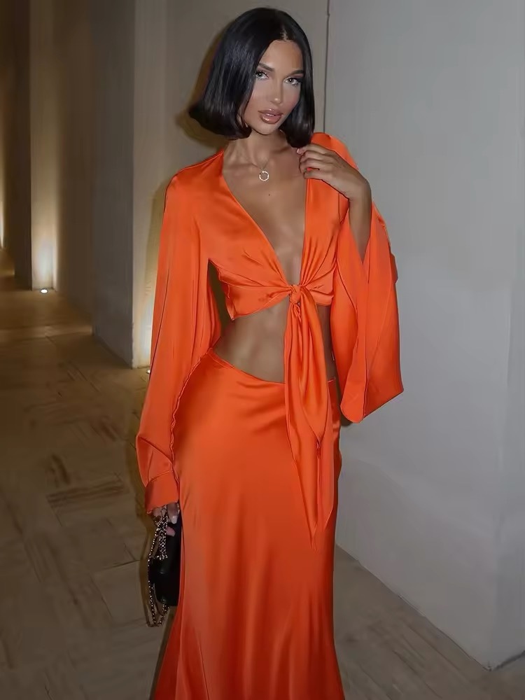 Orange Silk Long Sleeve Crop Top & Maxi Skirt Set