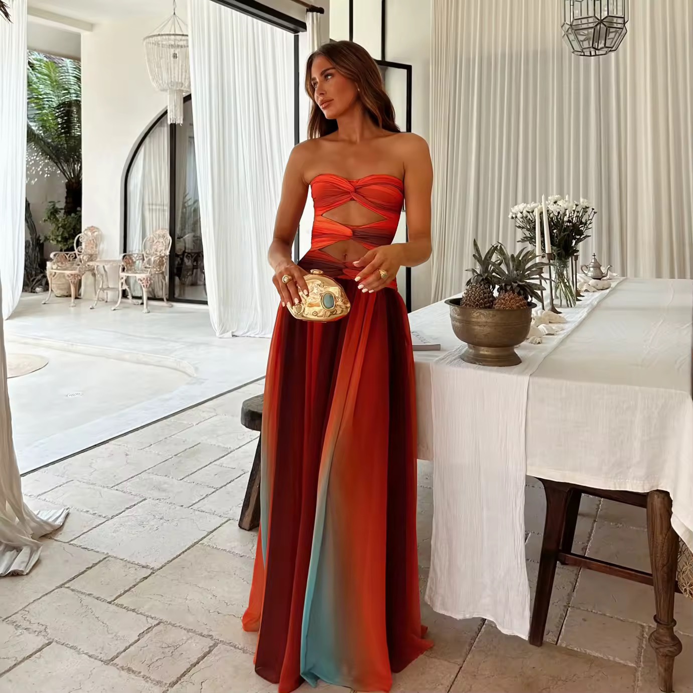 Strapless Summer Vacation A Line Maxi Dress