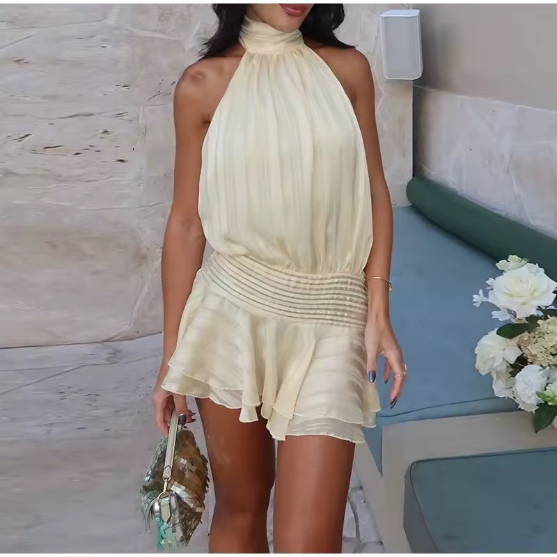 Beige Silk Halter Backless Mini Dress