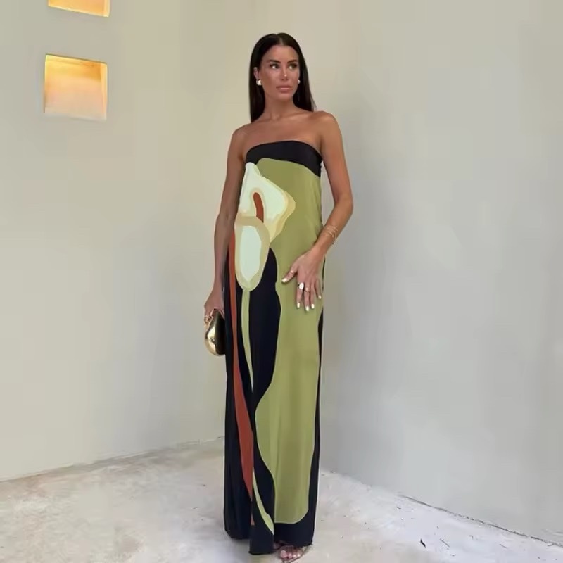 Strapless Printed Vacation Holiday Maxi Dress